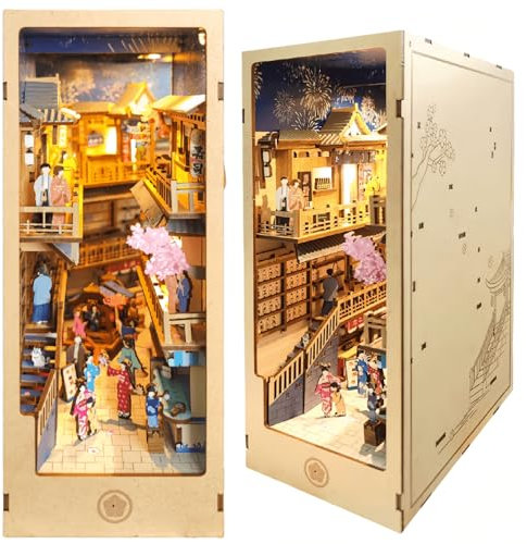 DIY Book Nook Kit - Lovely and Dreamy Dollhouse Miniature Kits, 3D Puzzle Art Bookends, Shelf Insert Model Kits for Adults (Japanese Alley Fireworks)