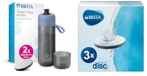 BRITA Sports Water Filter Bottle Model Active Dark Blue (600ml) & MicroDisc replacement filter discs for Fill&Go and Filter Bottles, reduce chlorine