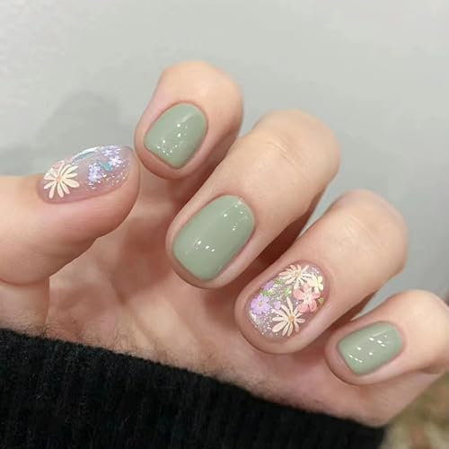 Aikeis 24 Stück pastorale Blumen-Nagelkunst-Tabletten, gepresste Nägel, kurze französische künstliche Nägel, hellgrüne Nägel, bunte Blumenmuster-Nägel, Damennägel