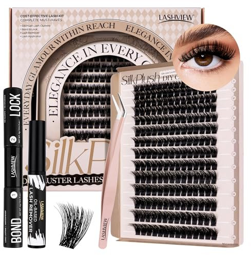 LASHVIEW DIY Lash Extension Kit, 9-16mm Mix D Curl Cluster Eyelash Extension Kit Cluster Lashes with Lash Bond and Seal, Lash Glue Remover and Lash Applicator W03