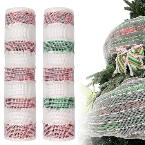 2 Rolls Christmas Deco Poly Mesh Ribbons, 10 Inch × 5 Yards Christmas Mesh Ribbon Red White Green Stripe Mesh Metallic Winter Foil Decomesh Roll for Xmas Tree Wreath Making DIY Swag Bows Garland