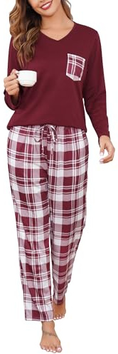 Sopesil Pyjama Femme Hiver Ensemble de Pyjama Chaud et Doux Col V à Manches Longue et Bas de Pyjama à Carreaux Vêtement de Nuit 2 Pièces pour Femmes avec Poches,S-XXL