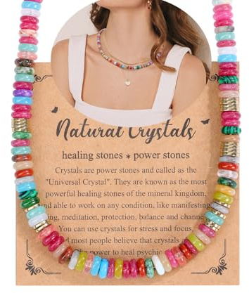 JSDDE Colorful Beaded Necklace for Women Girls Healing Crystal Necklaces Bohemian Gemstone Necklace Jewelry Christmas Birthday Gifts