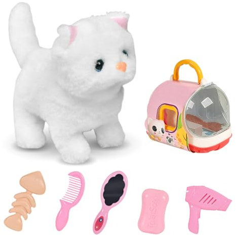 Yuragim Katze Elektrisch Interaktives Plüschtier Katze Weiß Realistische Haustierkatze die läuft, miauen, Geschenk für Kinder 3-7 Jahre