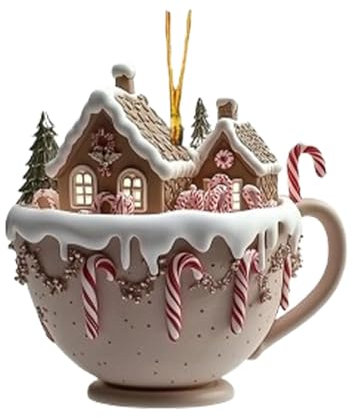 Christmas Cup Ornaments - Christmas Tree Decorations, Acrylic Coffee Cup Ornaments | 2D Christmas Snow House Coffee Cup, Christmas Tree Decoration Hot Cocoa Theme Pendant for Indoor Outdoor