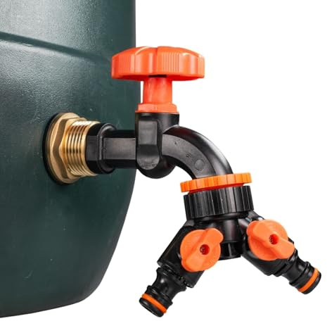 1 Brass Metal Lever Water Butt Replacement Tap with Quick Hosepipe Outlet – Durable Bib Tap for Garden Watering and Irrigation Systems (Black tap + valved Splitter)