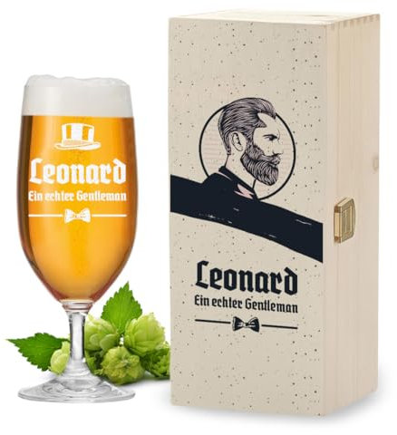 polar-effekt Leonardo Pilstulpe 0,3 L und Holzkiste personalisiert für Männer - Bierglas für Pils, Export und Lager - Geschenk zum Geburtstag und Vatertag - BPA-Frei