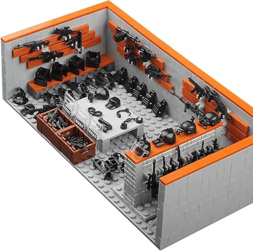 HIGH GODO Militärbasis Waffenkammer Klemmbausteine, WW2 Militär Waffen Lagerhaus mit Mini Waffenpaket Kriegszubehör, Kreative Militärspielzeuge für Kinder und Erwachsene (611 Stück)