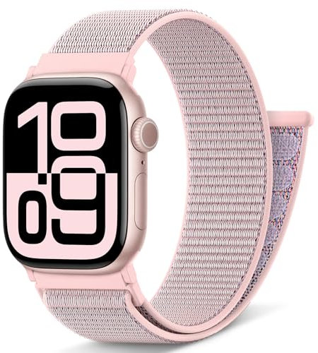 AMSKY Boucle Sport Nylon Compatible avec Bracelet Apple Watch Se 40mm 44mm 46mm 42mm 45mm 41mm 38mm 49mm, Femme Homme Originale Design pour iWatch Serie 10 9 8 7 6 5 4 3 2 1 SE Ultra, Sable Rose