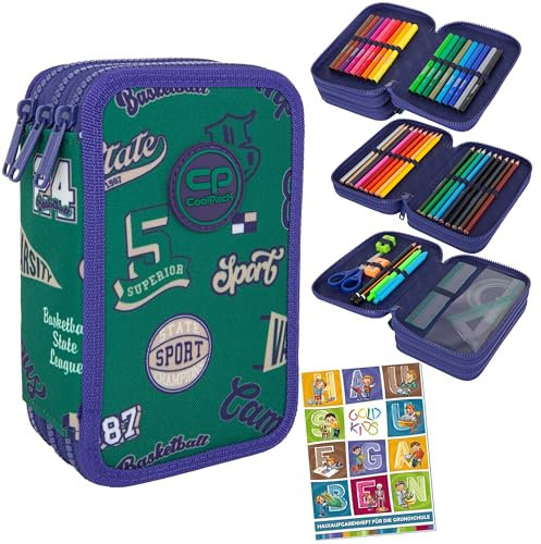 Goldkids - Federmäppchen 3 Fächer - Mäppchen für Mädchen und Jungen - Federmappe 3-Fach Federtasche Gefüllte Schüleretui Schulmäppchen und Hausaufgabenheft - American Retro Motiv