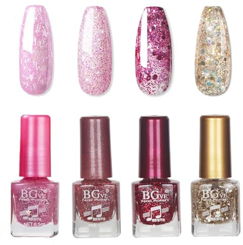 Nail Polish Set - 4Colors Nail Varnish Sets - Sparkle Pink Gold Glitter Nail Varnish Kit - Long Lasting Glitter Nail Polish - Sparkle Quick Dry Pink Nail Polish Set for Women Girls Manicure