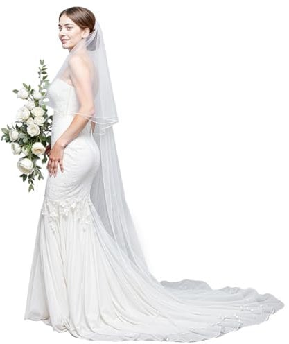 Yolev Langer Hochzeit Schleier Tüll Schleier mit Kamm Doppelschicht Weiche Brautschleier Kathedrale Hochzeitsschleier Haarschmuck Brautkleid