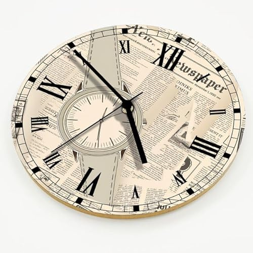 Smagnon Wanduhr ohne Tickgeräusche – 30cm Rund - Hochwertige MDF Wanduhr Analog, Lautloses Schleichendes Uhrwerk – Wohnzimmer Deko & Küchenuhr im modernen Vintage Design, Old-Zeitung