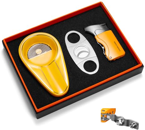Zigarrenfeuerzeug mit Zigarrenschneider & Zigarren Aschenbecher Set, 3 in 1 Sturmfeuerzeug Edelstahl Zigarren Cutter Classic Ceramic Aschenbecher, Perfektes Zigarrenzubehör mit Geschenkbox (Gelb)