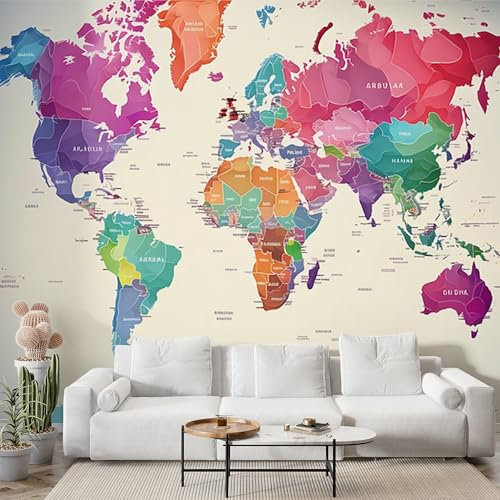 World Map Country Wall Mural, Self-Adhesive Peel & Stick Wallpaper, City Map Design Photo Wallpaper for Living Room & Bedroom (250x175 cm), N-64