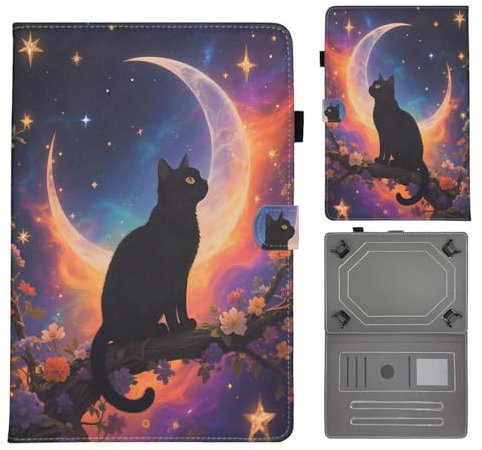 Bemoloon Tablet Funda para Universal 10-11 en Cuero PU - Colores Vibrantes & Diseños Elegantes, Protección, Soporte, Antirayaduras, Gato de Luz de Luna