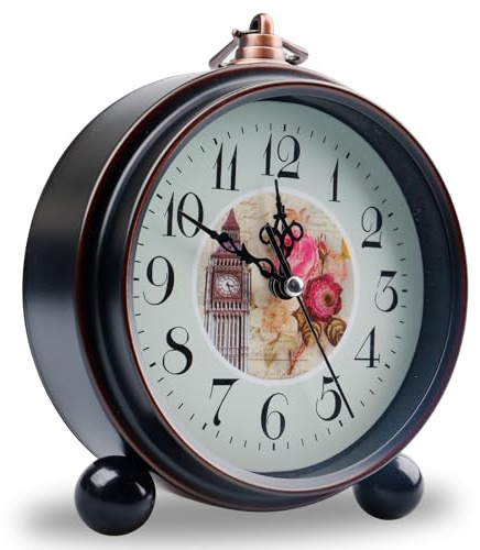 GOEDCH Römische Retro Wecker Analog: 5,3 Zoll Klassische Retro Tischuhr Europäischen, Retro Wecker, Metall Retro Lautlos Nachttisch Tischuhr, Ohne Ticken für Wohnzimmer, Schlafzimmer（Weiß）