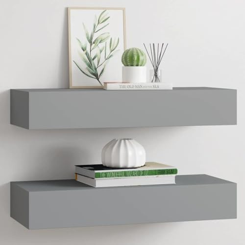 Massbinet Wandregale mit Schubladen Schweberegale 2 STK. Grau 60x23,5x10 cm MDF