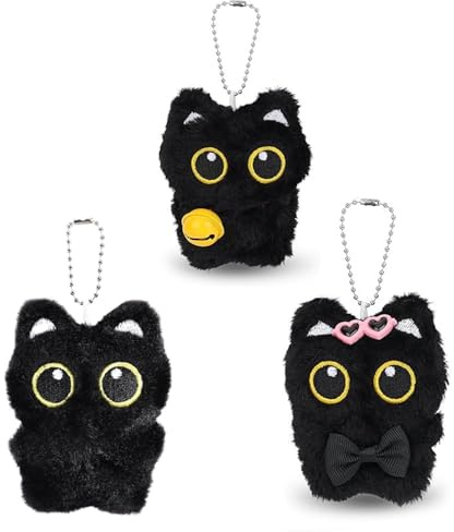 BDBFPAN 3 Stück Schlüsselanhänger Katze Plüsch, Plush Keychain, Schlüsselanhänger Plüsch Niedliche Schwarze Katzen Anhänger, Süße Plüsch Tier Schlüsselanhänger Für Taschen, Rucksäcke Und Geldbörsen