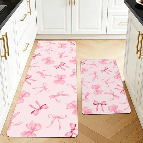 Shaeotek 2 Pieces Pink Bow Kitchen Floor Mats Rugs, Kitchen Rugs Non Slip for Decoration, Door Mats for Hallway, Dining Room and Entryway 40x70+40x120CM