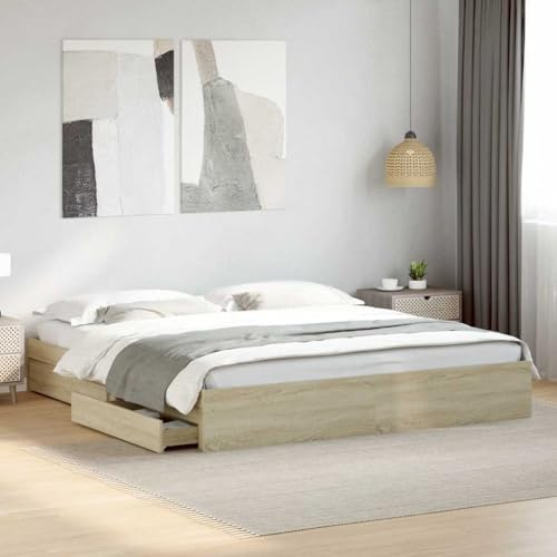 QUAHEAS Sonoma Oak Super King Bed Frame with Drawers, Engineered Wood Construction, 180x200 cm Platform Design, Ample Under-Bed Storage, Durable Plywood Slats for Mattress Support