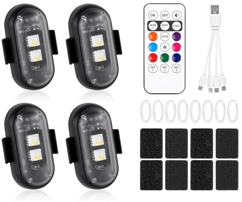 vsshe 4PCS Remote Control LED Car Strobe Lights, 8 Colors USB Rechargeable Waterproof Light, Wireless LED Ambient, Car Interior Lights, for RC Drones, Cars, Motorcycles, Bicycles, Trucks