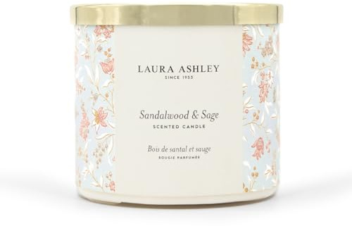 Laura Ashley Duftkerze Sandalwood & Sage (400g) | Würzige Kerze im Glas | Aromatischer Raumduft mit Sandelholz, Salbei, Thymian & Meeresbrise | Bis zu 60 Stunden Brenndauer