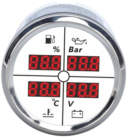 BONKZEBU 52 Mm IP67 Wasserdichtes 4-in-1-Digital-Multifunktionsmessgerät für Boots- und Wohnmobile mit Hintergrundbeleuchtung – Lünette aus Edelstahl 316L (81000326 Silberne Lünette, weißes