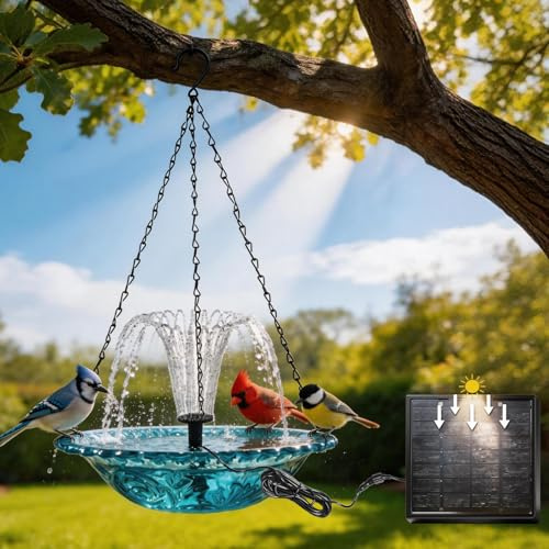 Solar Fountain for Bird Bath, Solar Bird Bath Fountain, Hanging Bird Bath with Solar Powered Water Pump, Large Hanging Water Fountain Outdoor Garden, for Hummingbirds Patio Gardens Backyard