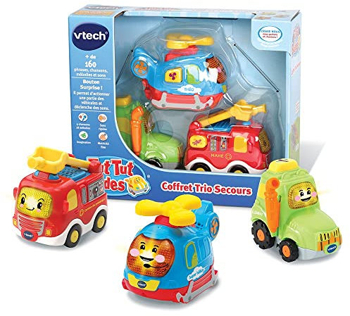 VTech - Tut Tut Bolides, Coffret Trio Secours, 3 Voitures Interactives, Camion de Pompiers, Tracteur et Hélicoptère, Jouet Musical et Sonore, Cadeau Enfant de 1 an à 5 Ans - Contenu en Français