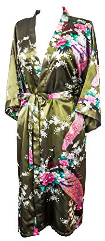 CCcollections Kimono 16 Colours Premium Version Peacock Premium Dressing Gown Robe Satin Silk Feel Cosplay Gift Loungewear , Green Olive, 8 - 16 UK adult