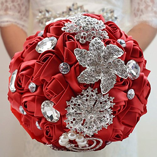 Fouriding Bouquet da Sposa Nozza Fiori di Rosa Diamante Perlato Fiori Artificial Decor(Rosso)