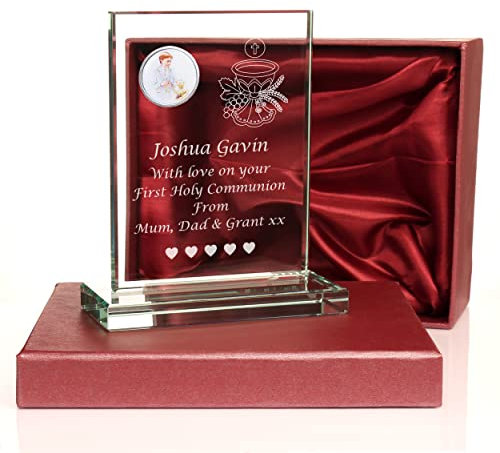 De Walden Boy's 1st Communion Gift Personalised Engraved Glass First Holy Communion Gift for a Boy in a Silk Lined Box
