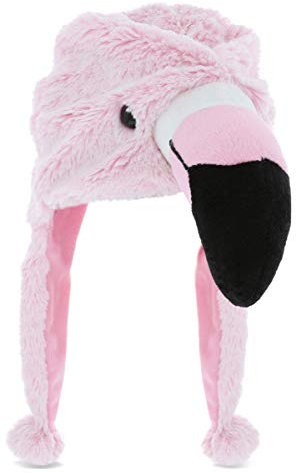 DolliBu Pink Flamingo Plüschhut – superweicher warmer Hut mit Ohrenklappen, Stofftier Vogel Kostüm Spielzeughut für Kinder & Jugendliche – Einheitsgröße, rosa Flamingo, Einheitsgröße
