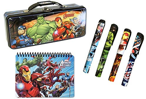 Marvel Avengers Metal Tin Pencil Case, Notebook and 4 Superhero Pens Set- Marvel Avengers Spiral Notebook, Hard Back, Iron Man, Captain America, Thor, Hulk and Black Widow School Supplies Accessories