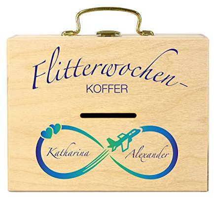 Geschenke 24 Flitterwochen Geldkoffer zur Hochzeit (Natur, Blaue Schrift): personalisiertes Sparbuch, originelles Geldgeschenk, Hochzeitsgeschenk mit Namen - persönliche Hochzeitsgeschenke Verpackung