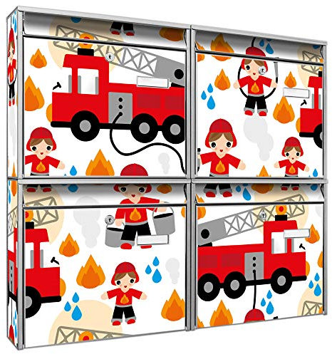 Briefkastenanlage 4 Fach | Postkästen 72x64x10cm groß | verzinkter Stahl schwarz DIN A4 Motiv Feuerwehr | Briefkasten Set 4 Briefkästen Namensschild, 2 Schlüssel, Montagematerial