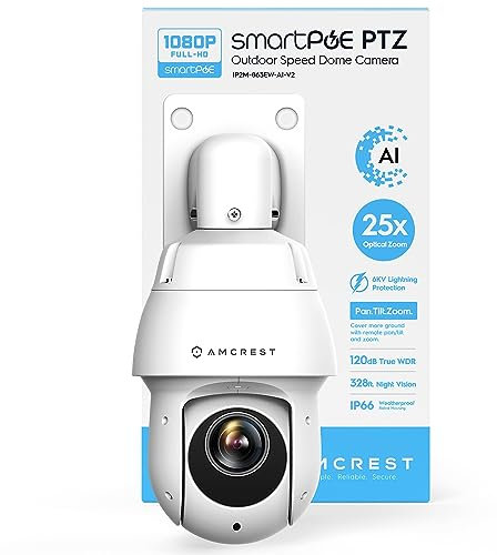 Amcrest 2MP Outdoor PTZ POE + IP Camera Pan Tilt Zoom (Optical 25x Motorized) POE+ Camera Security Speed Dome, CMOS Image Sensor, 328ft Night Vision, POE+ (802.3at) F1.6, IP66, IP2M-863EW-AI-V2