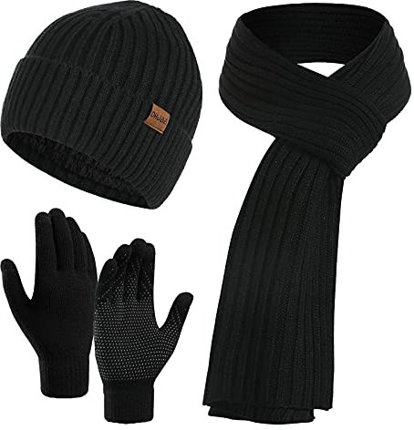 CheChury Mütze Schal Handschuh Sets für Herren Damen Mütze Touchscreen Handschuhe Beanie Warme Mütze Strickmütze Weich Winterschal Herren Mütze 3 in 1 Winter Langer Schal Geschenk Unisex,Schwarz