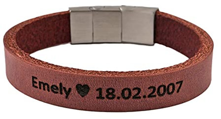 123Reis, Armband mit Namen, Lederarmband Damen mit Gravur, personalisiertes Geschenk für Männer und Frauen, Echtleder rot, Magnetverschluss Edelstahl, Freundschaftsarmband, Partnerarmband