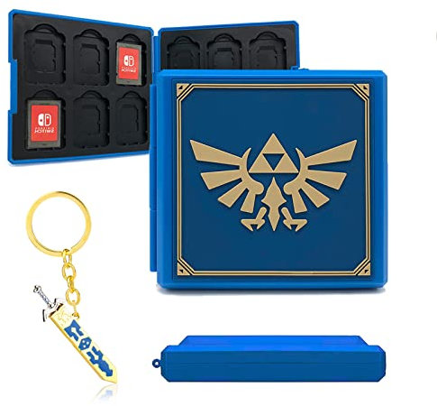 doepeBAE Game Card Case für Nintendo Switch, Quadratische Etui Aufbewahrungsbox für Switch Spiele, Tragbare Dünne Hartschale mit 12 Kartenfächern, mit Geschenk Schlüsselanhänger Schwert (Zelda Blue)