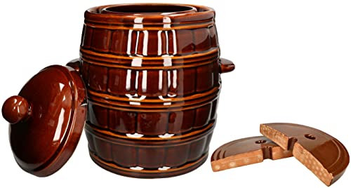KOTARBAU® Barril de gres con tapa y piedra de presión, 25 L, Marrón, Jarrón de barro, Recipiente de cerámica con asas, Olla de cocina para fermentación, Tarro para fermentar chucrut, kimchi, Bote