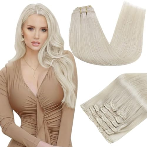 RUNATURE Clip in Hair Extensions Real Human Hair White Blonde Hair Extensions Clip in Real Hair Blonde Clip on Hair Extensions Human Hair Straight 14 Inch 120g