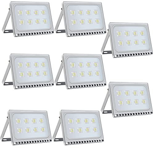 Luce di Inondazione Led da 50W, Super Luminosa, Luci di Sicurezza per Esterni, Ip67 Impermeabile Lampada Parete Stadio 6000 Lm Faretti per Giardino Cortile Fabbrica Magazzino Strada, Confezione da 8