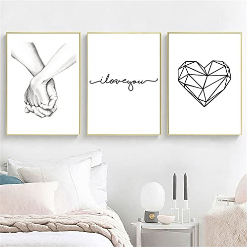 Trayosin 3-teiliges Premium Poster Set, Hand in Hand, Linie Liebe, Modern Schwarz Weiß Love Bilder Wandbilder Posterset für Wohnzimmer Schlafzimmer Deko, Ohne Rahmen (30x40cm)