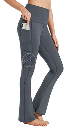 BAYGE Damen Bootcut Yogahose Hohe Taille Wasserdicht Blickdicht Bauchkontrolle Slim Fit Leggings Sporthose Schlaghose Sweathose Fitnesshose mit Taschen, Grau, L