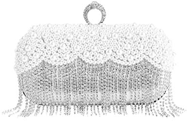 CORIOS Damen Clutch Perlen Strass Fransen Abendtasche Braut Handtasche Abnehmbarer Kette Umhängetasche Elegant Schultertasche für Hochzeit Abendparty Geburtstag Tanzparty Bankett Silber