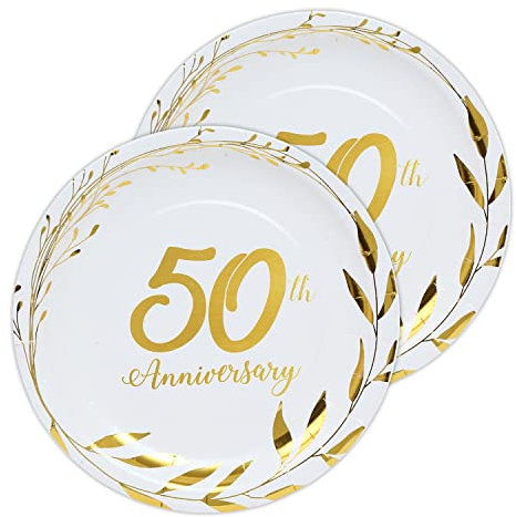 Dulousia 50th Anniversary Paper Plates - Golden Wedding Celebration Party Supplies, Disposable Round Paper Dessert Plates for 50 Years Anniversary, 9inch 24count
