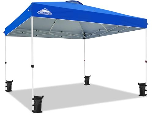 EAGLE PEAK Aufstellbarer Pavillon mit rollbarer Tragetasche, 8 Erdheringen, 4 Seilen, 4 Gewichtsacken, einfach aufzubauen, 3,6x3,6 m, 13 m² Schattenfläche, Blau