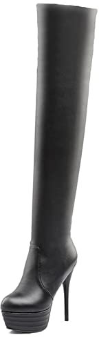 Bviennic Donna Punta Rotonda Vestito Sopra Il Ginocchio Stivali Stretch Plateau Inverno Moda Tacco A Spillo Warm Stivali Alti Zip Nero/Ml Numero 43 EU-45Cn